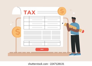 Man filling tax form using internet. Online tax submitting system. Electronic payment of Invoice, digital receipt. Hand drawn vector illustration isolated on background, modern flat cartoon style.