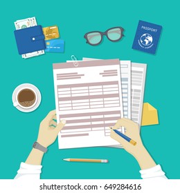 Man fills the form of document. Human hands hold the accounts, payroll, tax form. Workplace with papers, blanks, forms, passport, glasses, coffee, wallet with money, credit cards. Top view Vector