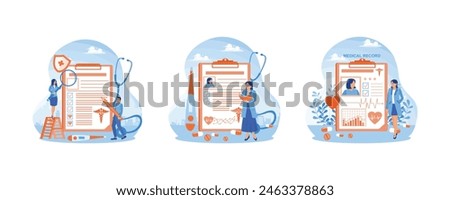 Man fills out medical history. The doctor checks the patient's health records. Doctors monitor the progress of the patient's health. Health Records concept. Set flat vector illustration.