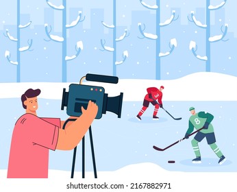 Man Filming Hockey Match. Male Character Holding Camera, Sportsmen Playing Hockey. Sport, Television Concept For Website Or Landing Page Concept For Website Or Landing Page