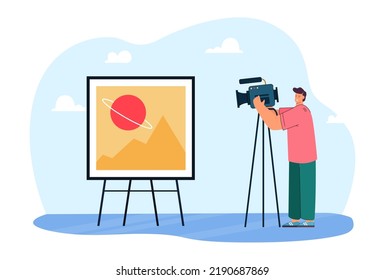 Man filming reportage in art gallery flat vector illustration. Occupation, television, journalism, broadcasting, multimedia concept for banner, website design or landing web page