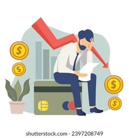 Man with financial and debt problems sitting on a stool with paperwork with his head on his hand surrounded by icons depicting his assets, colored vector illustration