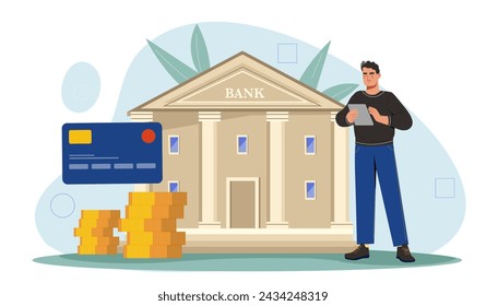 Man with financial transactions. Young guy with banking card and gden coins near building. Financial literacy, budget and savings. Cartoon flat vector illustration isolated on white background