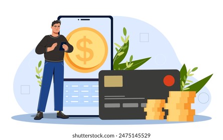 Man with financial transactions. Young guy near smartphone screen, bank card and gold coins. Cashless transfers and electronic wallet. Cartoon flat vector illustration isolated on white background