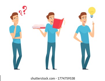 Man find answers. Self education or finding solution concept. Young boy with questions and books has new idea vector illustration