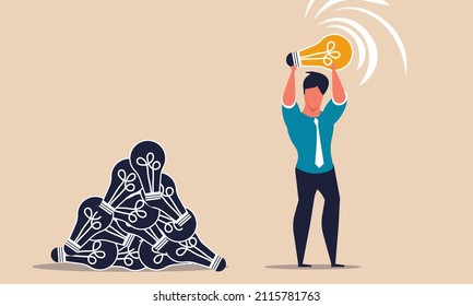 Man find light bulb business and idea inspiration success startup. People search and discovery vector illustration concept. Motivation growth and solving problem. Imagination and smart thinking man