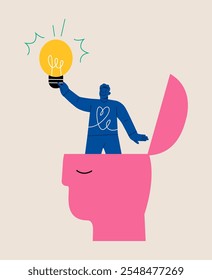 Man find new ideas above human heads. Idea search concept. Colorful vector illustration
