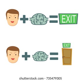 Man find a way . face plus brain equal to exit. brains help to find a way out. Stock flat vector illustration.