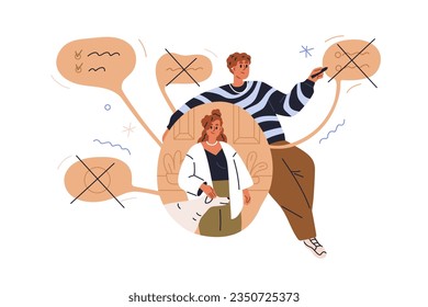 Man finding faults in romantic relationships. Disappointed frustrated person searching negative, flaws in love partner. Couple problem concept. Flat vector illustration isolated on white background