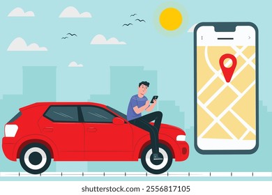 A man finding a place in the with the help of GPS  on his phone. and going to the location with a red car vector illustration