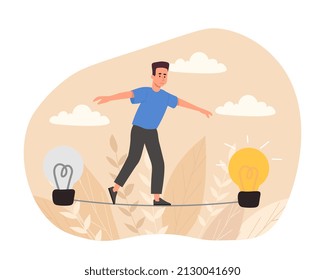 Man finding solution. Young guy balancing on thin rope. Character makes important life decision. Metaphor of creative personality and inspiration, brainstorming. Cartoon flat vector illustration