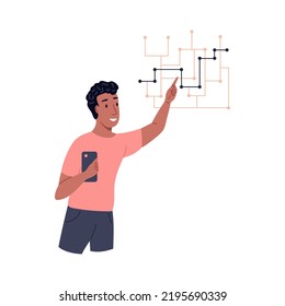 A man finds his way through a puzzle. The concept of a logical type of thinking, business ideas. Flat vector illustration