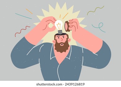 Man finds new idea thanks to brainstorming and thinking about solve problem, standing with light bulb inside head. Guy in pajamas came up with way out difficult situation or idea for starting business