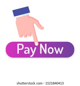 Man finger clicks on pay now button. Flat style vector illustration oval web icon isolated on white background.