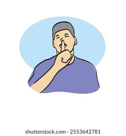 man with finger to lips to keep quiet illustration vector hand drawn isolated on white background