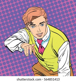 MAn with the finger pointing or gesturing. Man trying to explain something. Man proving  facts. Man explaining something. Businessman giving advice. Concept idea of advertisement. Halftone background.