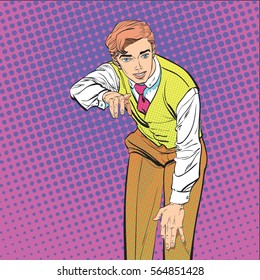 MAn with the finger pointing or gesturing. Man trying to explain something. Man proving  facts. Man explaining something. Businessman giving advice. Concept idea of advertisement. Halftone background.