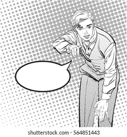 MAn with the finger pointing or gesturing. Man trying to explain something. Man proving  facts. Man explaining something. Businessman giving advice. Concept idea of advertisement. Halftone background.