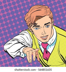 MAn with the finger pointing or gesturing. Man trying to explain something. Man proving  facts. Man explaining something. Businessman giving advice. Concept idea of advertisement. Halftone background.