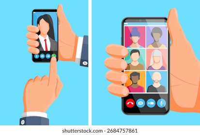 Man finger presses call button on smartphone with woman on screen and another man holds phone with video conference on blue background.