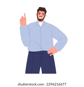 Hombre con el dedo arriba, señalando el gesto. Un hombre dando consejos. Ilustración vectorial plana aislada en fondo blanco
