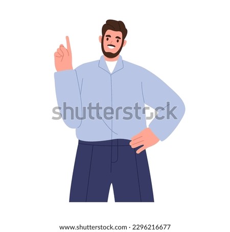 Man with finger up, pointing gesture. Male giving advice. Flat vector illustration isolated on white background
