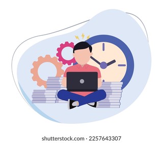 a man finishes work on deadline. flat cartoon illustration of enterprising man working on laptop