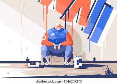 Man finishing draw new graffiti on wall vector illustration. Urban painter artist sitting on tape recorder near spray paint picture flat style design. Street art concept