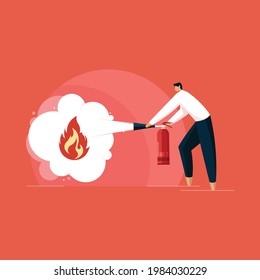 Man with Fire Extinguisher in hand with foam, Protection from fire flame, Firefighter with fire safety concept