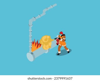 Man with fire extinguisher isometric 3d vector illustration concept