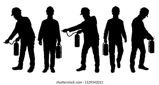 The man with fire extinguisher silhouette vector set