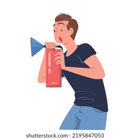 Man with Fire Extinguisher Trying to Stop Flame Burning in Emergency Situation Vector Illustration