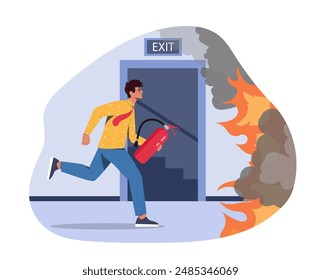 Hombre con extinción de incendios. Joven en la oficina corre a apagar el fuego. Situación de emergencia en el edificio, accidente. Cuidado y peligro. Ilustración vectorial plana aislada sobre fondo blanco