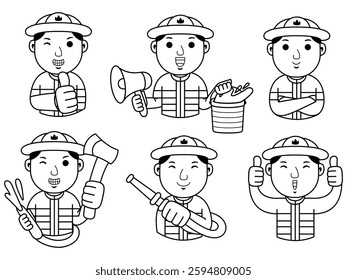 man fire fighter cartoon character line art