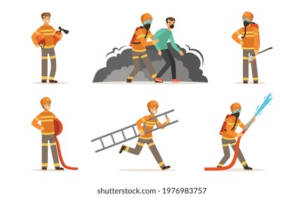 Man Fire Fighter in Uniform Carrying Ladder and Spraying Water from Hose Vector Set