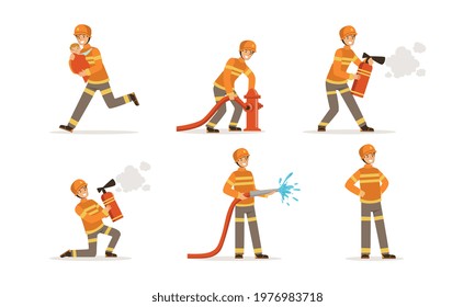 Man Fire Fighter in Uniform Spraying Water from Hose Vector Set