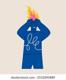 Homem com fogo na cabeça. Mau humor. Emoção negativa. Ilustração vetorial colorida
