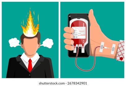 Hombre con fuego en la cabeza y humo de los oídos ilustra el estrés y el agotamiento. Otra Imagen muestra un teléfono inteligente de mano para la donación de sangre en línea.
