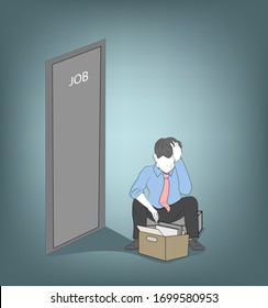 a man was fired from his job. sitting under the door with things. depression. hopelessness. vector illustration.