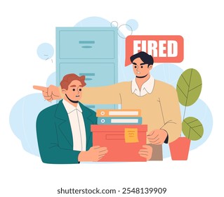 Man fired from job. Boss yells at sad employee. Negative feelings and emotions. Jobless worker. Young guy with box of personal things in office. Flat vector illustration isolated on white background