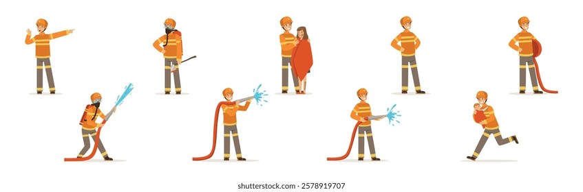 Man Firefighter Character Engaged in Rescue Operation Vector Set