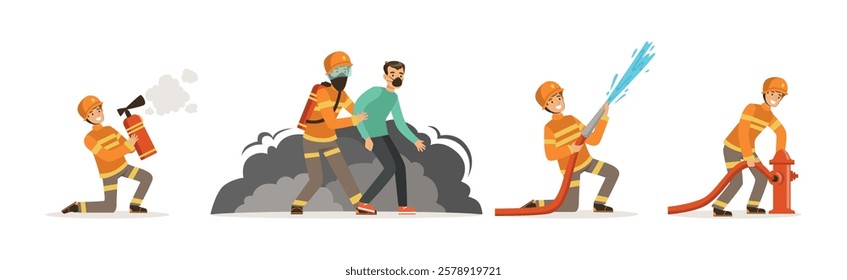 Man Firefighter Character Engaged in Rescue Operation Vector Set