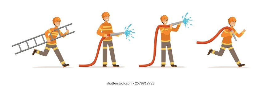 Man Firefighter Character Engaged in Rescue Operation Vector Set