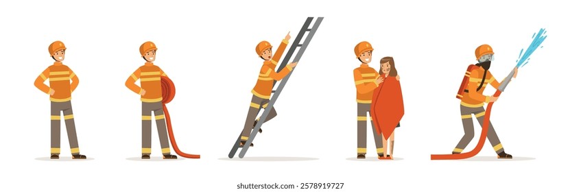 Man Firefighter Character Engaged in Rescue Operation Vector Set