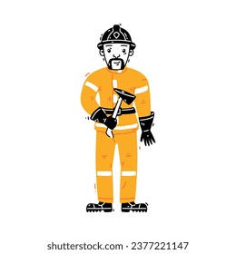 Man Firefighter Character in Helmet and Uniform Standing with Axe Vector Illustration