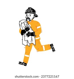 Man Firefighter Character in Helmet and Uniform Run with Baby Vector Illustration