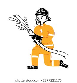 Man Firefighter Character in Helmet and Uniform Stream Water from Hose Vector Illustration