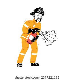 Personaje hombre bombero en iluminación de vectores de extinción de incendios en casco y uniforme