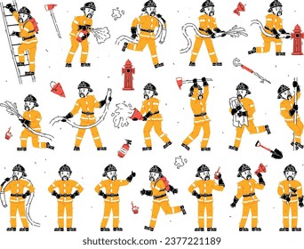 Man Firefighter Character in Helmet and Uniform Working Vector Set