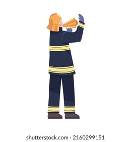 Man Firefighter Character Standing with Megaphone Warning About Emergency or Danger Vector Illustration